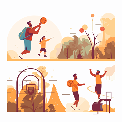 Father time with son. Parent dad enjoy recreation with kid boy, playing plane toy or sport basketball game, build tree house daddy happy fatherhood, set vector illustration of recreation together