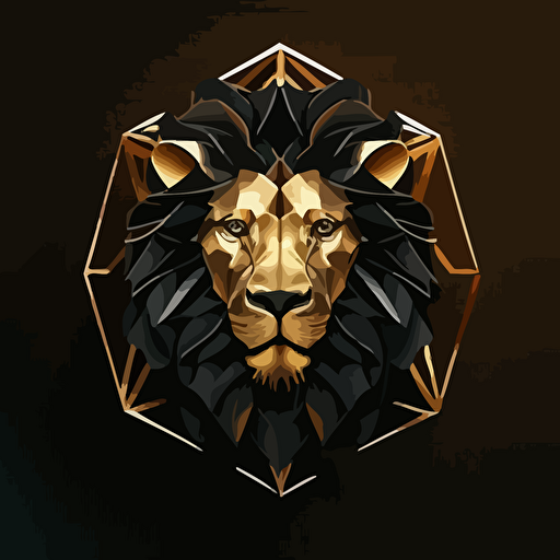 Black lion face inside a golden hexagon, with a crown on top of the hexagon, image minimalist, vector.