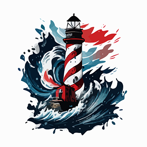 A vector logo of an anchor growing into a lighthouse with heavy waves around it. All using shades of White, black, red and blue.