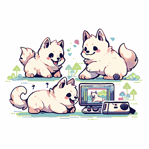 8 bit dogs playing video games, Sticker, Excited, Neon, Graffiti, Contour, Vector, White Background, Detailed