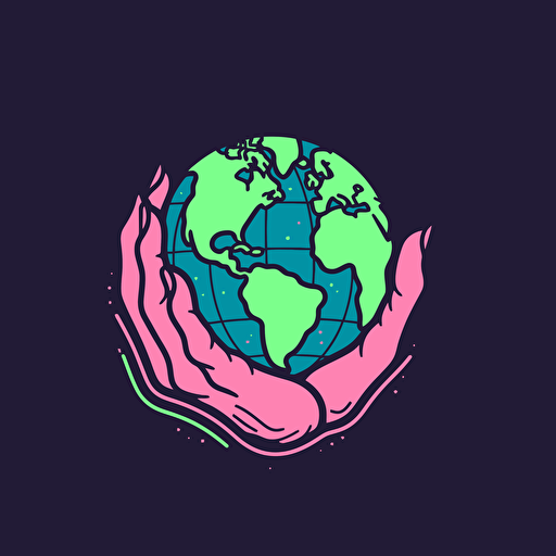 lined vector logo, earth in a hand, blue, green and pink