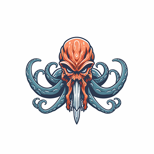 logo style vector image of an angry octopus in animation style, the octopus is attacking to the right with a trident