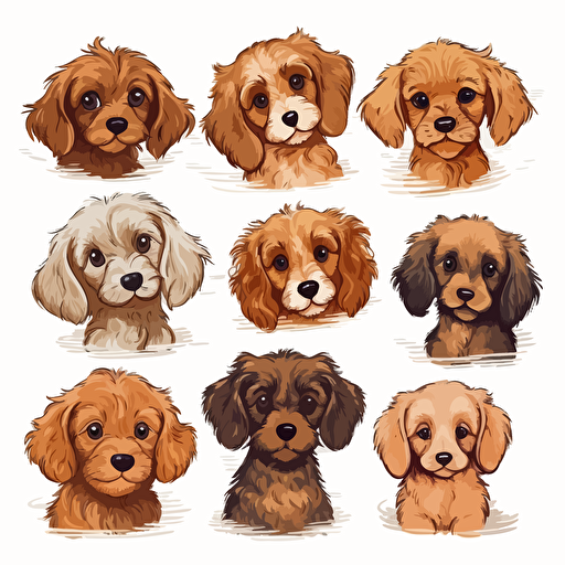 small set of several puppies dogs vector illustration clipart , in the style of 32k uhd, eye-catching, lively facial expressions, comic strip art, petcore, tondo, poodlepunk