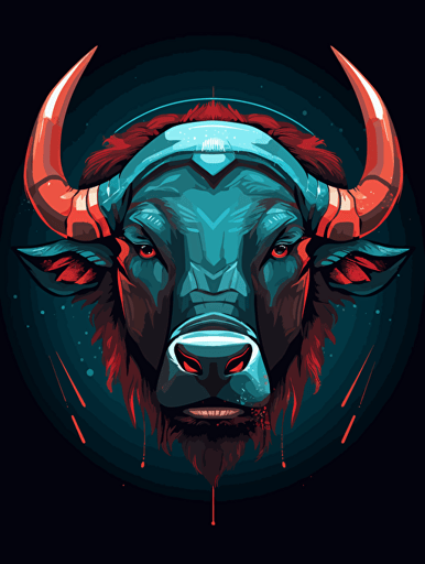vector art of a fierce Cape buffalo, red, white and turquoise lighting, 300 dpi,