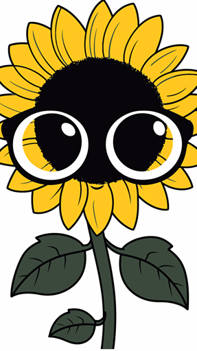 An adorable cartoon logo design of a sunflower wearing black thick-rimmed glasses, winking with one eye, on a crisp white background, simple yet witty, vector illustration,