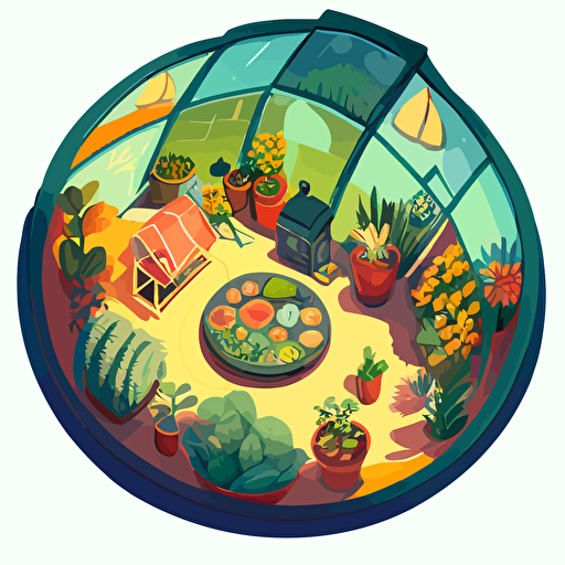 a greenhouse in a vegetable garden, top-down view, 2D, vector art, no-shadow, procreate, quirky visual storytelling, still life, fun, cozy, bloomcore, vibrant colors, cute