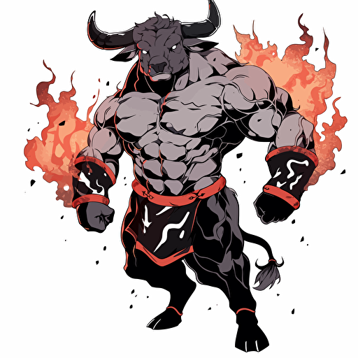 Bull, muscular, minotaur, hero, standing, proud, scary, tiled, manga like, burning man style, vector art, white background