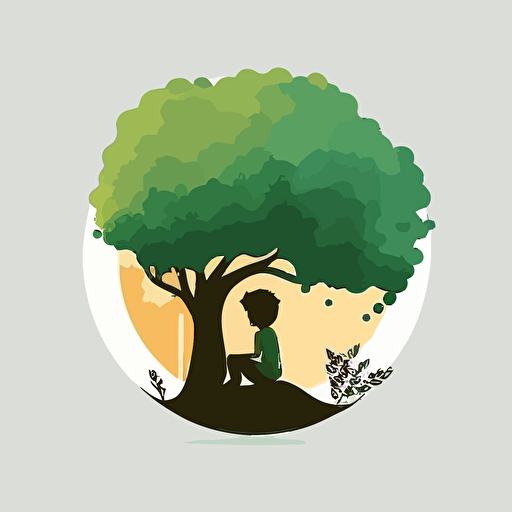 round tree vector icon, vector art, a child is playing under the tree, minimalistic, logo design, no schadows, 2d