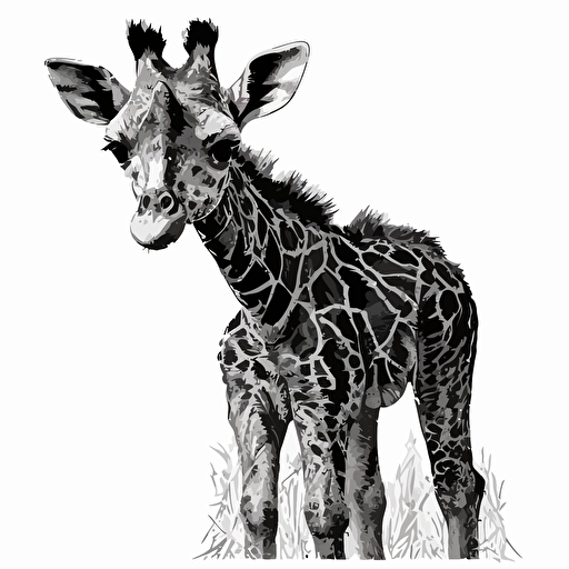 A vectorized image of a baby giraffe streamers in black and white to pint