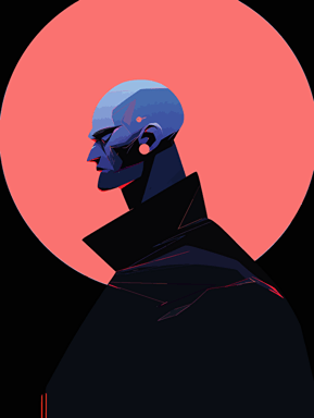 minimalism, minimalism, minimalism, black, moon, bald assassin man in ethereal abstraction, simple vector art, contemporary Chinese art, color gradients, layered forms, whimsical animations, emotional faces, sharp shape