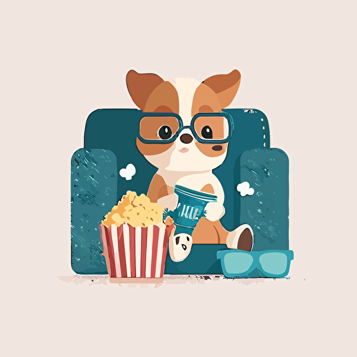 cute flat vector illustrations of puppy with face mask, book, couch and popcorn movie.