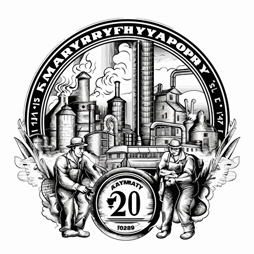 a factory anniversary theme logo, 2D, black and white, including 2 factory workers, some tools, vector tracing