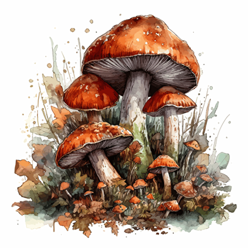 Vector illustration of Enchanted mushrooms, brunette, forest green, hunter green, orange red, tawny color, rustic colors, white background, watercolour masterpiece, extremely detailed