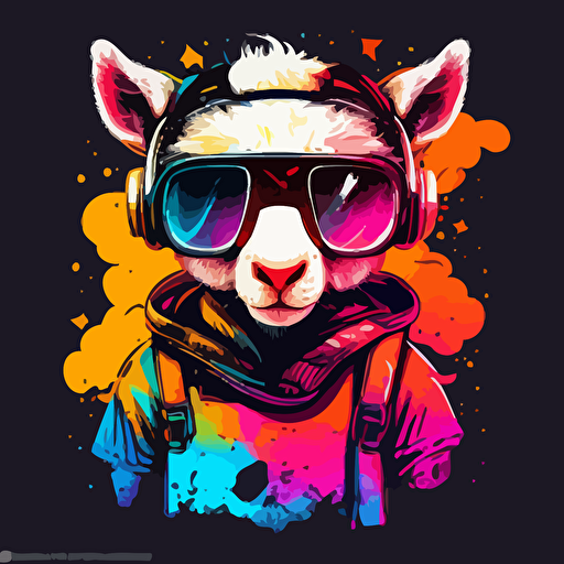 a very cute baby goat dressed as an astronaut , wearing very big sunglasses ,vector, cartoon, graffiti neon colors