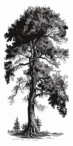 Hand drawn black and white sketch, vector, of big tree with hangman, white background