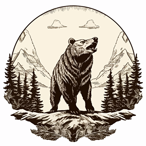 Grizzly bear with elk antlers, standing on two legs, Black and white illustration, simple vector : : woodcut style