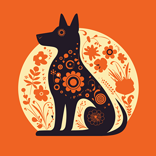 vector art, a single dog sitting illustration, dia de los muertos, simple shapes, minimalist, printmaking, vibrant colors, flat background that is one color