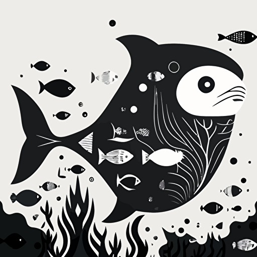 expressive cat fish, in style of Tom Whalen, flat, black and white, flat, vector, line drawling, white background ar 1:1