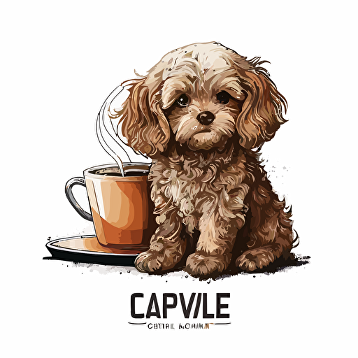 cavapoo with long ears next to a cup of coffee, vector art logo design, cartoonistic style, white background