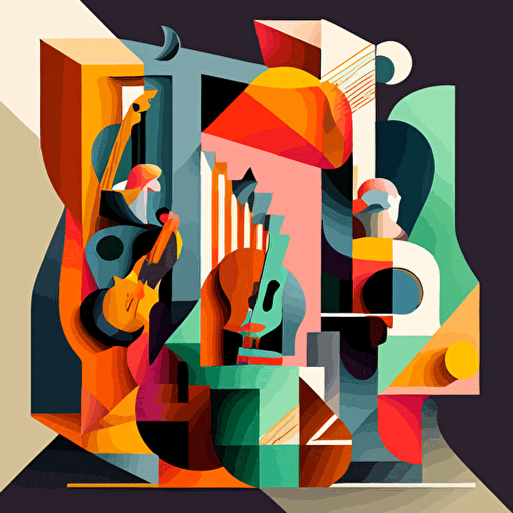 Inspired by Pablo Picasso's Cubism, create a vector illustration of a lively music concert where the musicians, instruments, and audience are depicted using geometric shapes and a limited color palette. Set the scene in a modern-day setting.