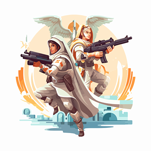 2d vector icon. holy hunters with machine guns searching for glory. white background