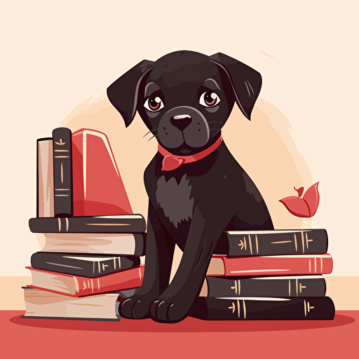 A cute puppy dog with floppy ears and big brown eyes, sitting in front of a stack of books, wearing a red collar with a gold tag, Minimalistic vector art, black SVG, indoor scene, soft lighting,