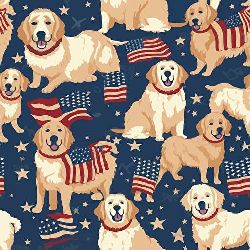 vector illustration of golden retriever dogs having fun, USA Flag Colors, 4th of July Theme