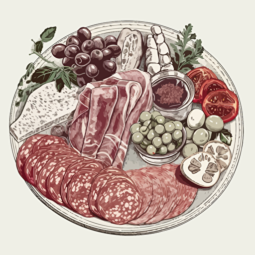 assorted italian antipasto plate, sticker vector, 1 color, transparent background, ultra detailed