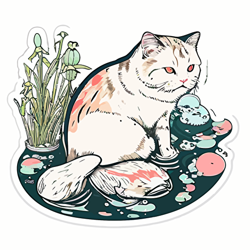 sticker, happy cute cat sitting by a pond of koifish, liu yi artist style, vector, contour, whitebackground
