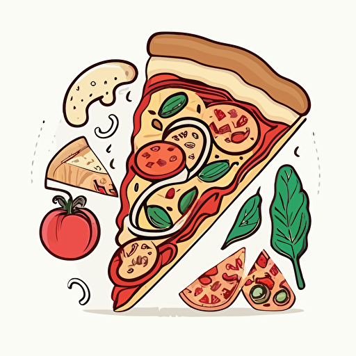 Illustration of a slice of pizza, with ingredients, salami, tomato, cheese, mushrooms, vector linear drawing on a white isolated background