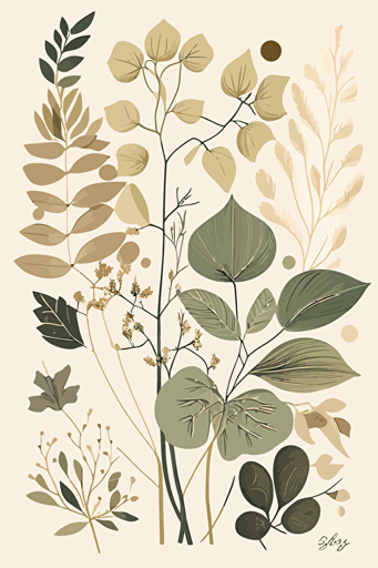 beige and green scandi style botanical illustration, vector