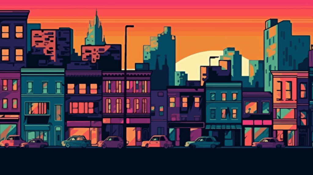 a city background, gangster style, cartoon, simple, colorful, vector