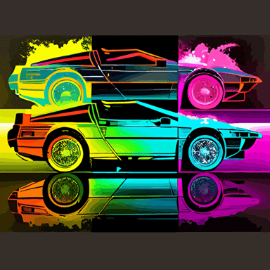 delorean in tych style, peter saville, vector, poster, neon colors