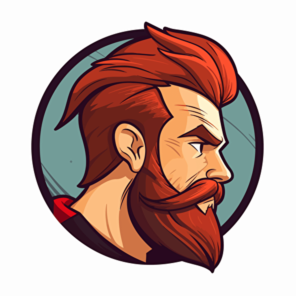 a short brown haired man with a trimmed red beard looking to the side, logo, vector, rounded, gaming