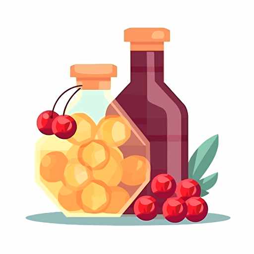 A spheric glass bottle containing honey combs and and a pair of cherries. Flat vector illustration in the style of Kurzgesagt.