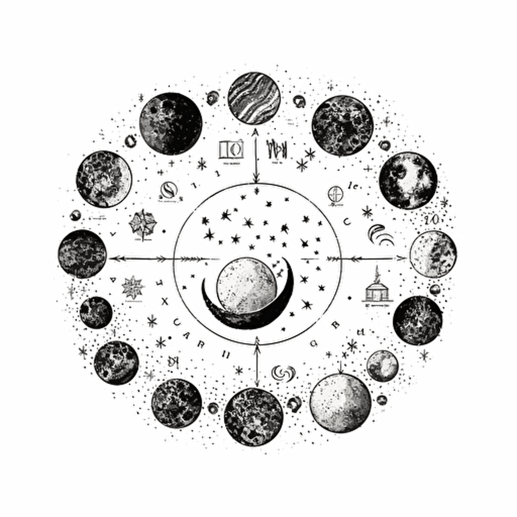 a detailed drawing of the phases of the moon with celestial elements super detailed vector design on white background