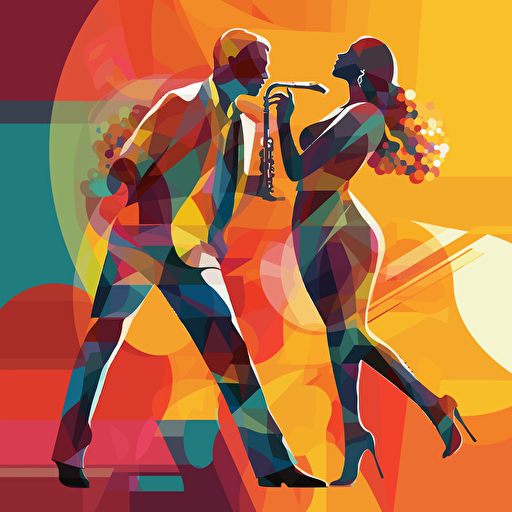 Vector illustration of a man playing the saxophone in vivid colors with a background of couple dancing