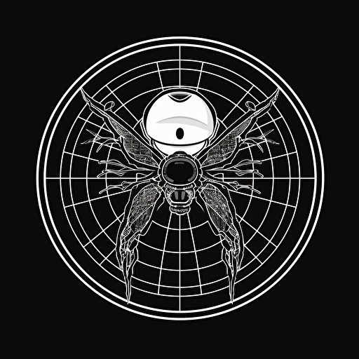 a logo image for an AI company of an araneus spider on a tennis racket, black and white, vector, 2d, minimalistic, cyberpunk, award-winning