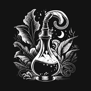 Black and WHite vector illustration of magic potion and magic banana