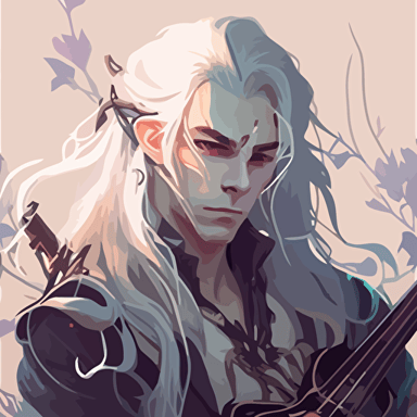 dark elf male bard with long silvery hair, Cel shaded vector art by lois van baarle, artgerm, Helen huang, by makoto shinkai and ilya kuvshinov, rossdraws, illustration