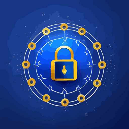 white silhouette of a padlock with a checkmark in the center, on a two-tone royal blue background, with twelve gold stars in a concentric circle around it, vector, digital illustration