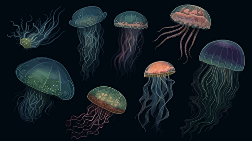 set of different jelly fish and mollusks set on black background stock vector illustration, in the style of franklin carmichael, mysterious seascapes, detailed painting, robert bissell, light emerald and indigo, ultrafine detail, depiction of animals