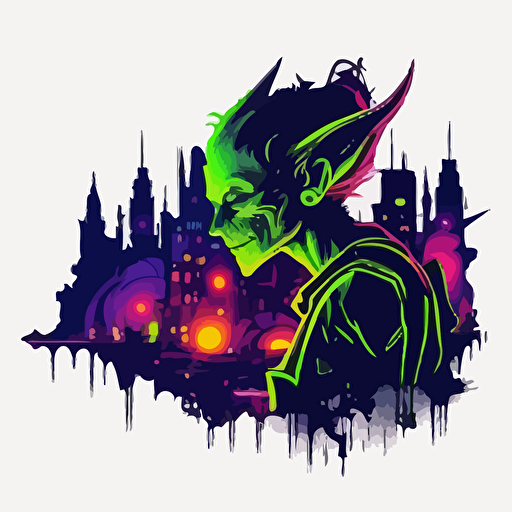 goblin in neon city, vector logo, vector art, emblem, simple cartoon, 2d, no text, white background