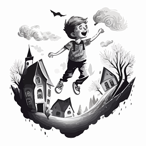 small boy flying high in the sky happy. black and white vector illustration. Bellow you can see trees and houses