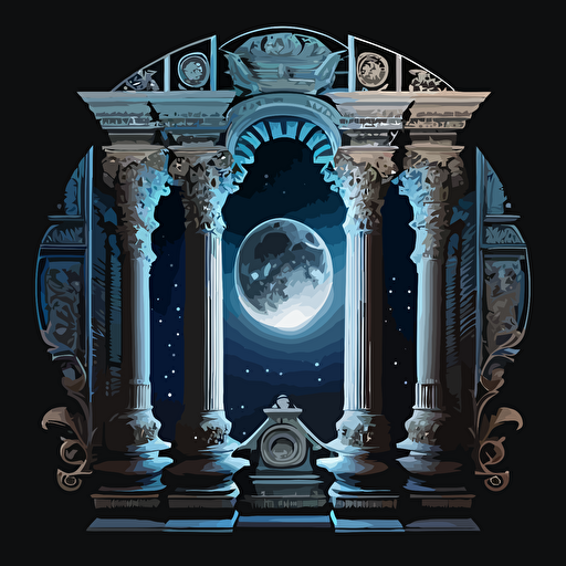 composotion of full moon visible around renaissance style columns but the corners of artwork covered with fleur-de-lis style ornate borders. All of the artwork created using basic vectors