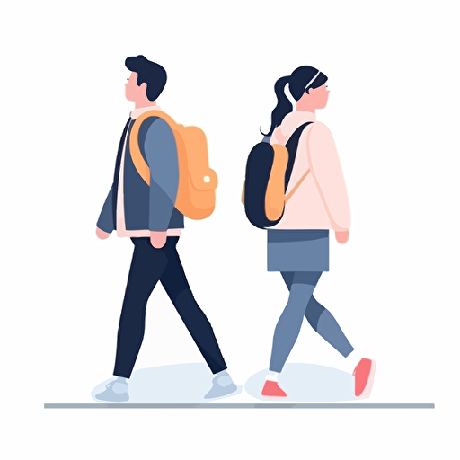 side view of a a male and female student walking. vector illustration. minimal.