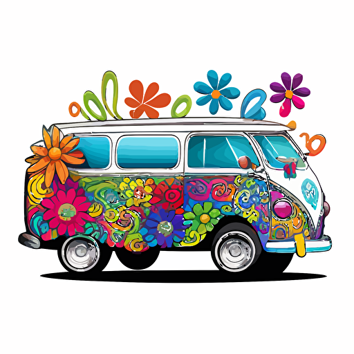 colorful, rainbow doodle style 1960's hippie car with hearts and peace signs and flowers, vector style on a white background