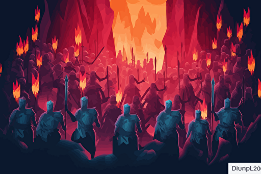 Fantasy retro cover art of medieval troops with torches surround by darkness, close up view of the troops, worried facial expressions, spiderwebs, horror, diablo, gloomy, atmospheric, fog, dark pinetrees, retro 90s box art, vector style, pixel art.