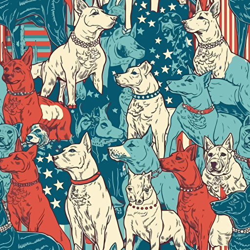 detailed vector illustration of dogs having fun, negative space inbetween dogs USA Flag Colors, 4th of July Theme