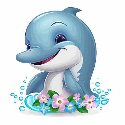 cute dolphin, detailed, cartoon style, 2d clipart vector, creative and imaginative, floral, hd, white background